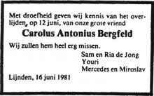 1981 Overlijden Carolus Antonius Bergfeld [1910 - 1981]. 